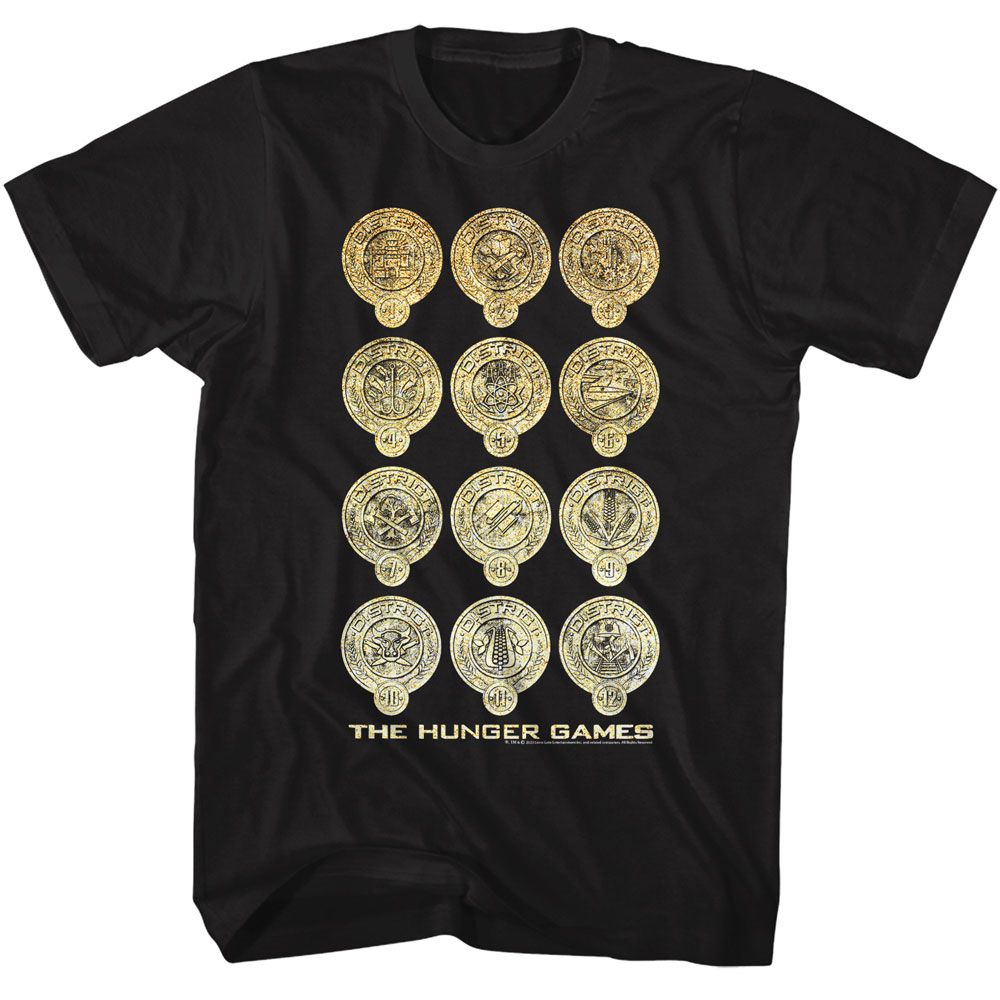 Hunger Games - Shine District Logos - Black Short Sleeve Adult T-Shirt