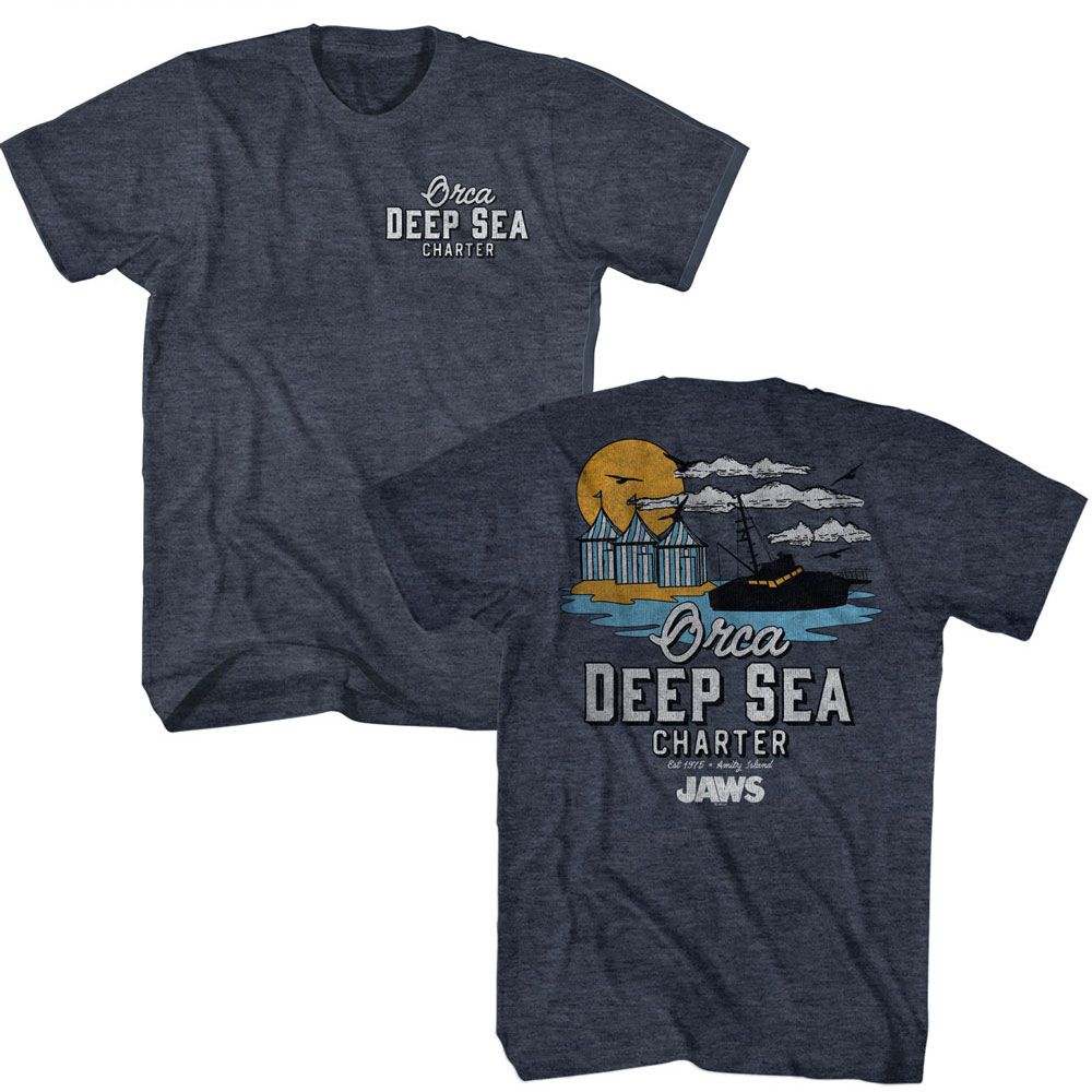 Jaws - Orca Charters Illustrated - Front and Back Print Heather Adult T-Shirt