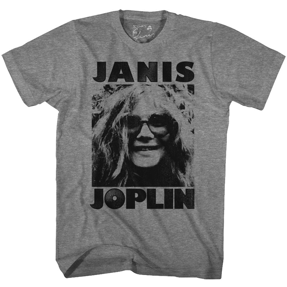 Janis Joplin - Face Black Print - Short Sleeve - Heather - Adult - T-Shirt