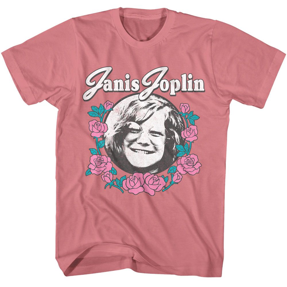 Janis Joplin - Roses - Pink Front Print Short Sleeve Solid Adult T-Shirt