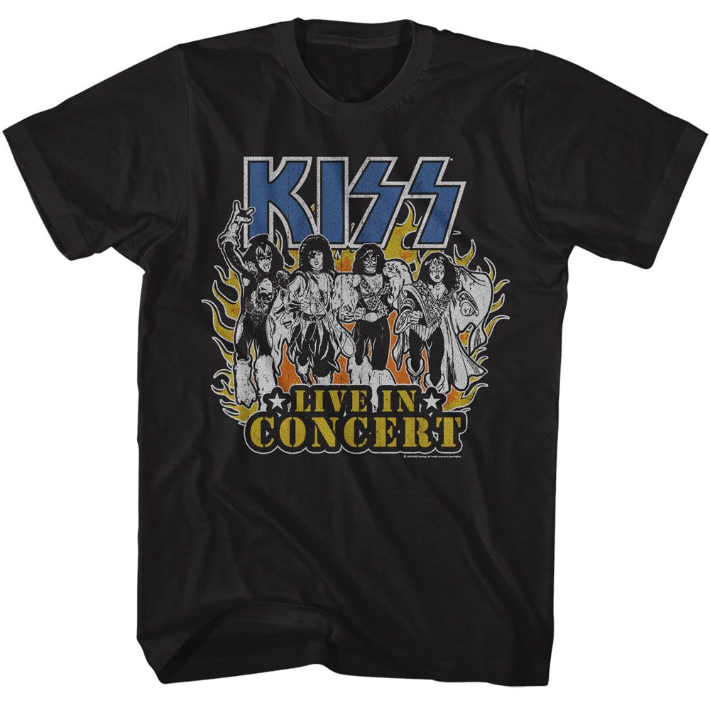 KISS - Live In Flames - Black Front Print Short Sleeve Solid Adult T-Shirt