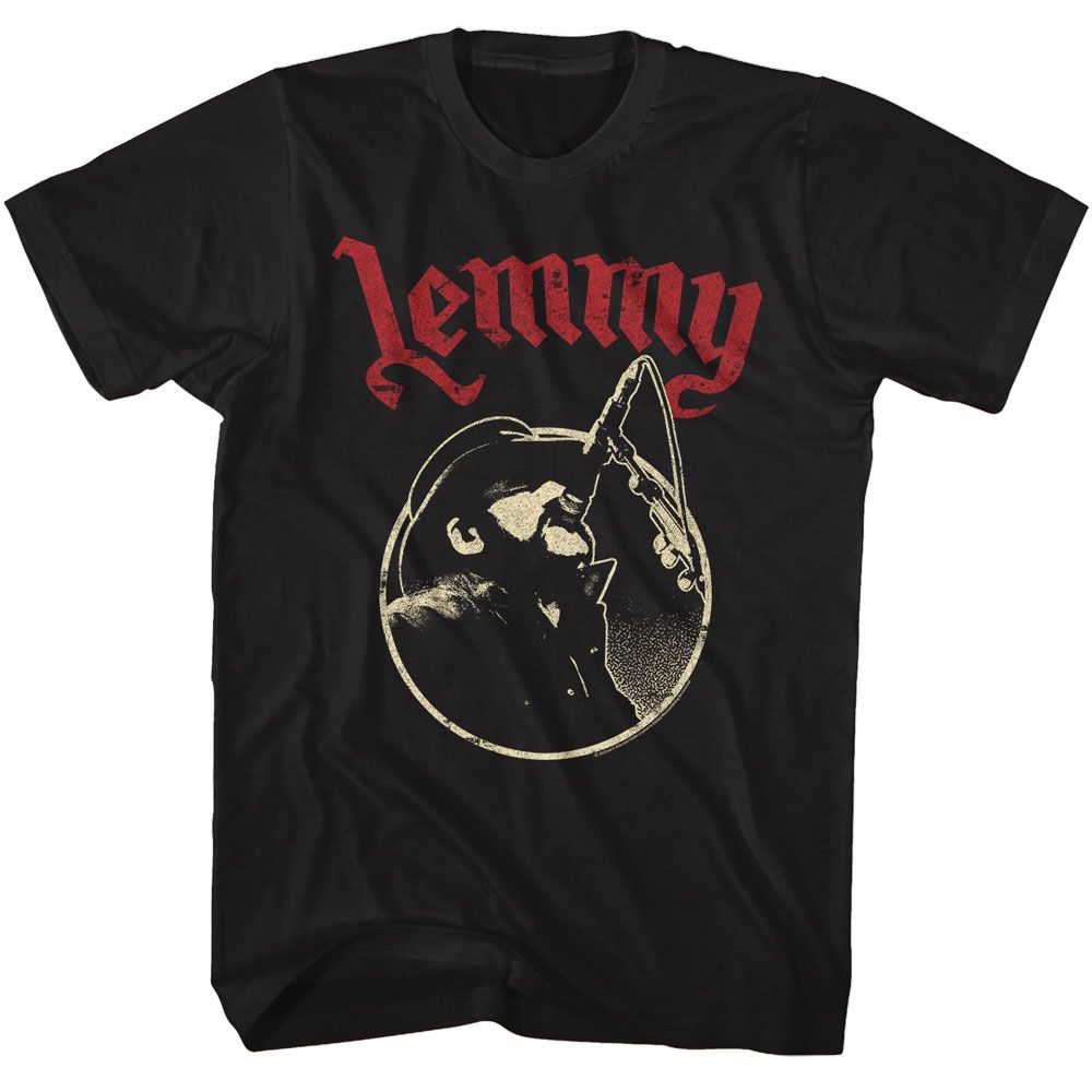 Lemmy - Singing In Mic Circle - Black Front Print Short Sleeve Adult T-Shirt