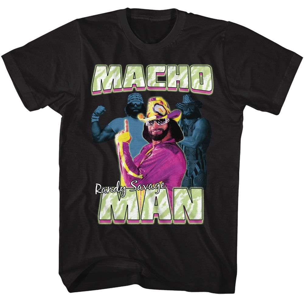 Macho Man - Three Photos Collage - Black Front Print Short Sleeve Adult T-Shirt