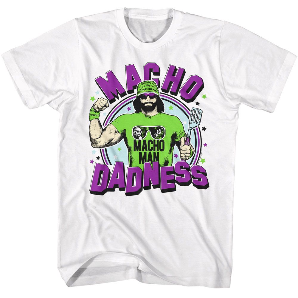 Macho Man - Dadness - White Front Print Short Sleeve Solid Adult T-Shirt