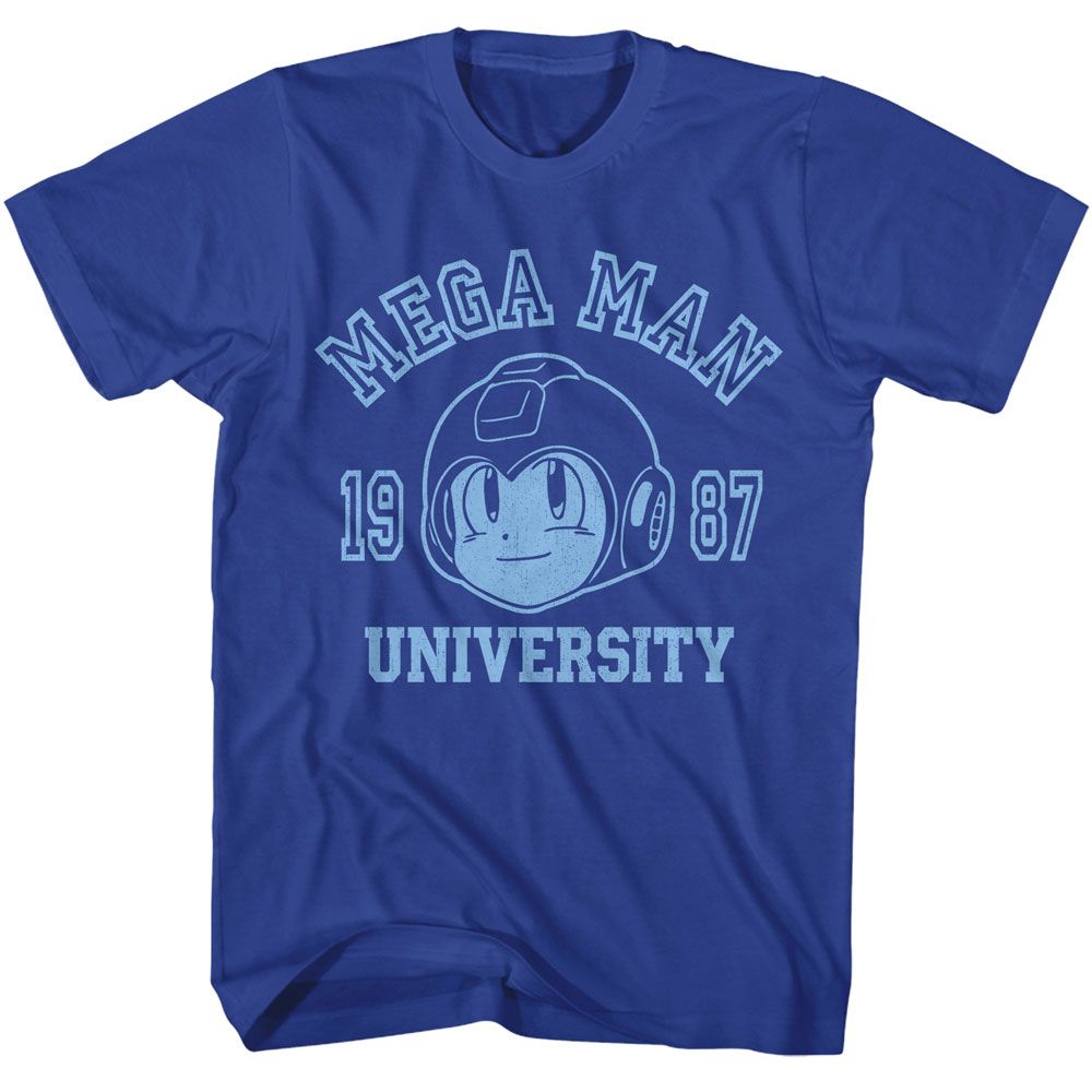 Mega Man - Mega University - Blue Front Print Short Sleeve Solid Adult T-Shirt