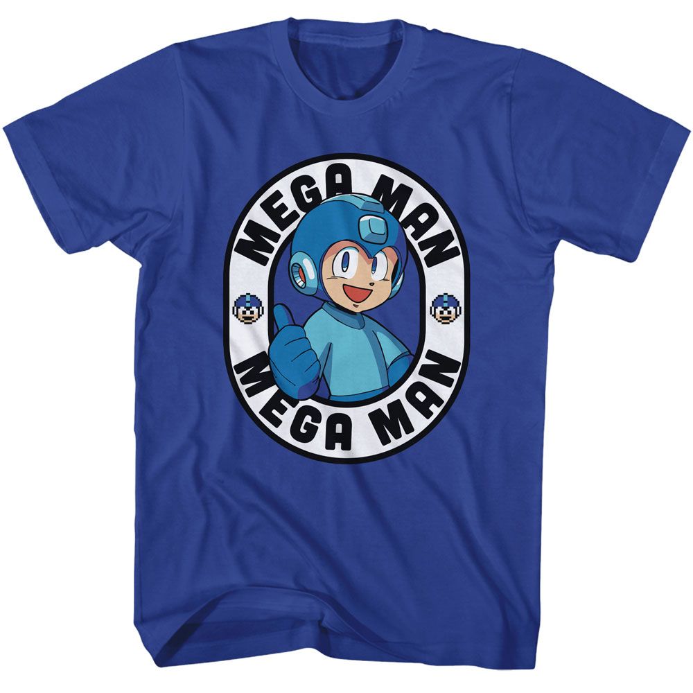 Mega Man - Thumbs Up Oval - Blue Front Print Short Sleeve Solid Adult T-Shirt