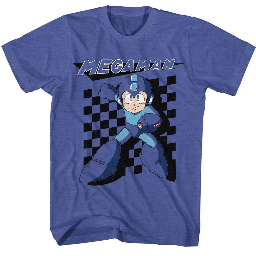 Mega Man - Checkered - Blue Front Print Short Sleeve Heather Adult T-Shirt