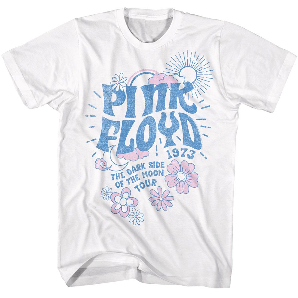 Pink Floyd - Dark Side Tour Floral And Sun - White Short Sleeve Adult T-Shirt