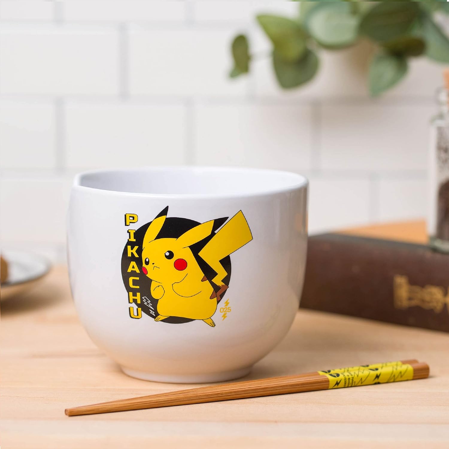 Pokemon Pikachu Japanese Text Ceramic Ramen Noodle Rice Bowl with Chopsticks Microwave Safe 20 Ounces