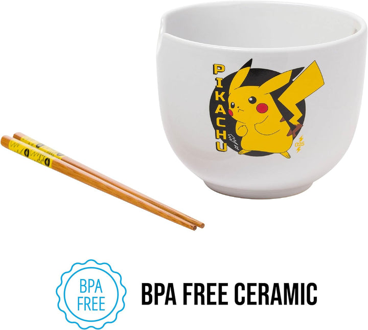 Pokemon Pikachu Japanese Text Ceramic Ramen Noodle Rice Bowl with Chopsticks Microwave Safe 20 Ounces