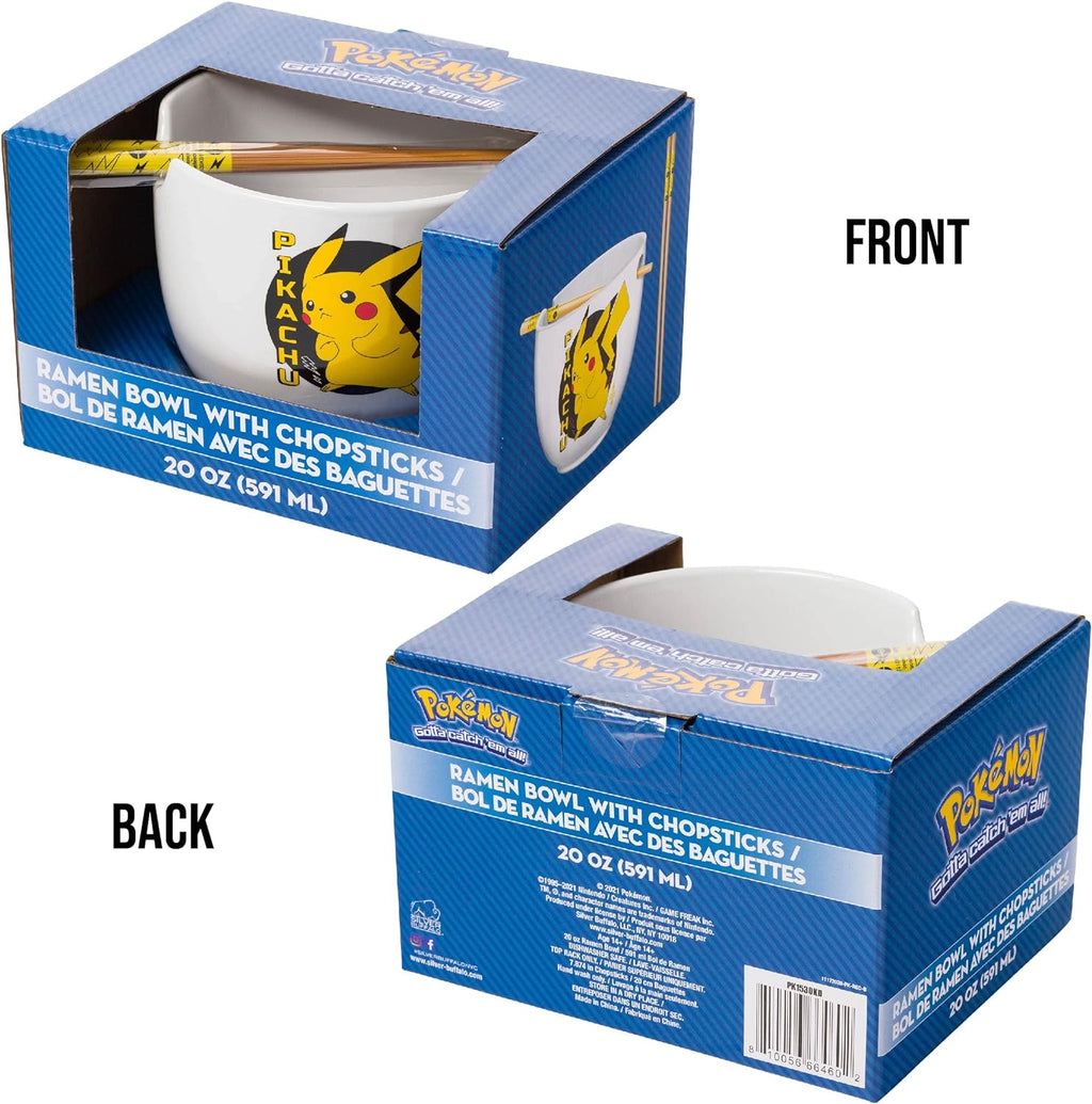 Pokemon Pikachu Japanese Text Ceramic Ramen Noodle Rice Bowl with Chopsticks Microwave Safe 20 Ounces