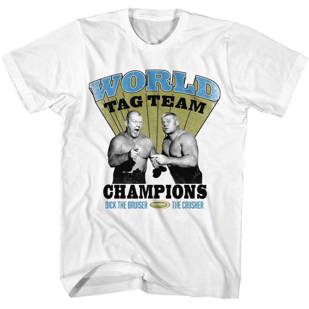 Powertown - Tag Team Champs - White Front Print Short Sleeve Solid Adult T-Shirt