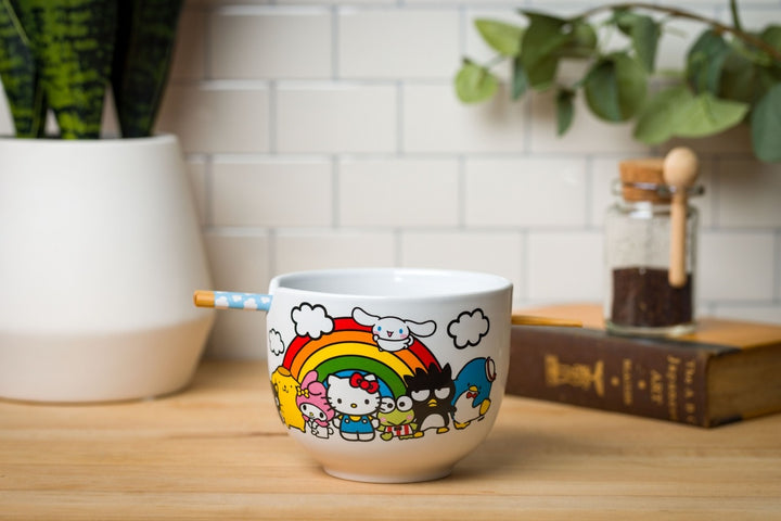 Sanrio Hello Kitty and Friends Rainbow Ceramic Ramen Rice Bowl with Chopsticks Microwave Safe 20 Ounces