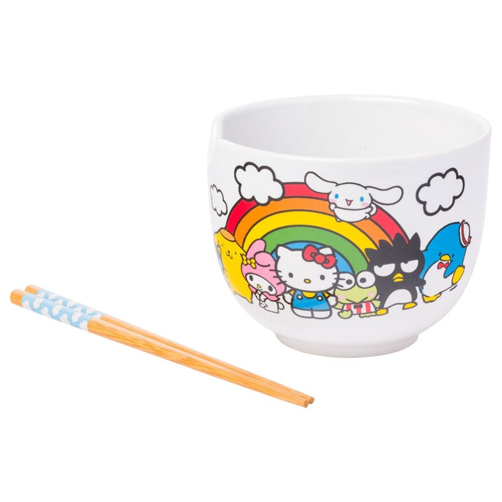 Sanrio Hello Kitty and Friends Rainbow Ceramic Ramen Rice Bowl with Chopsticks Microwave Safe 20 Ounces