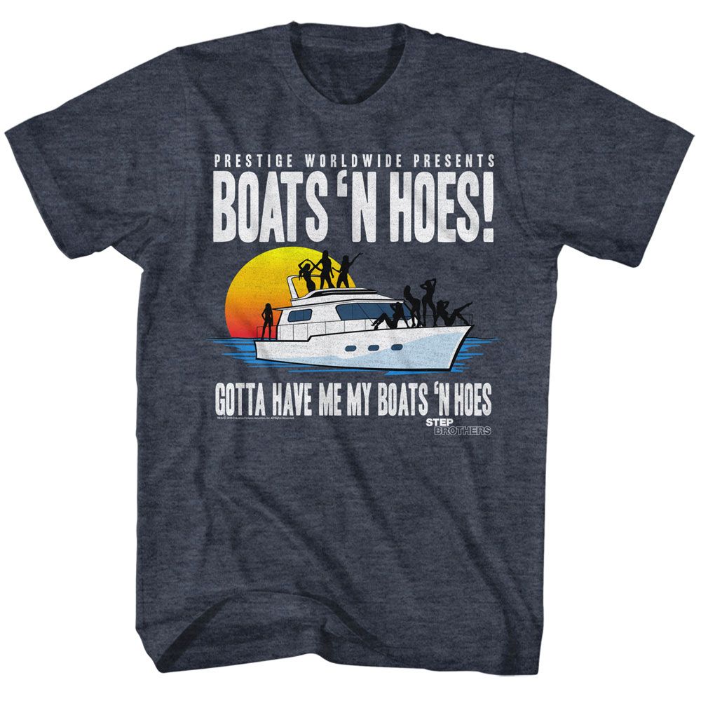 Step Brothers - Boat With Saucy Gals - Blue Short Sleeve Heather Adult T-Shirt