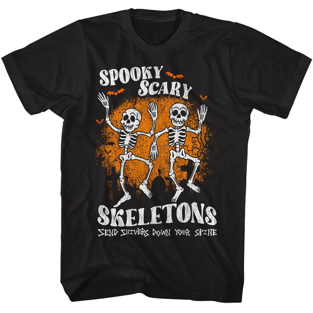 Spooky Scary Skeletons Bats And Graves Black Solid Adult Short Sleeve T-Shirt