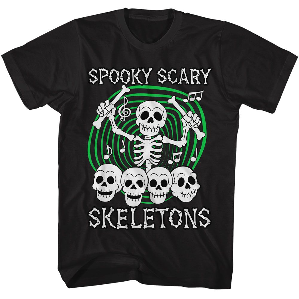 Spooky Scary Skeletons Skull Drummer Black Solid Adult Short Sleeve T-Shirt