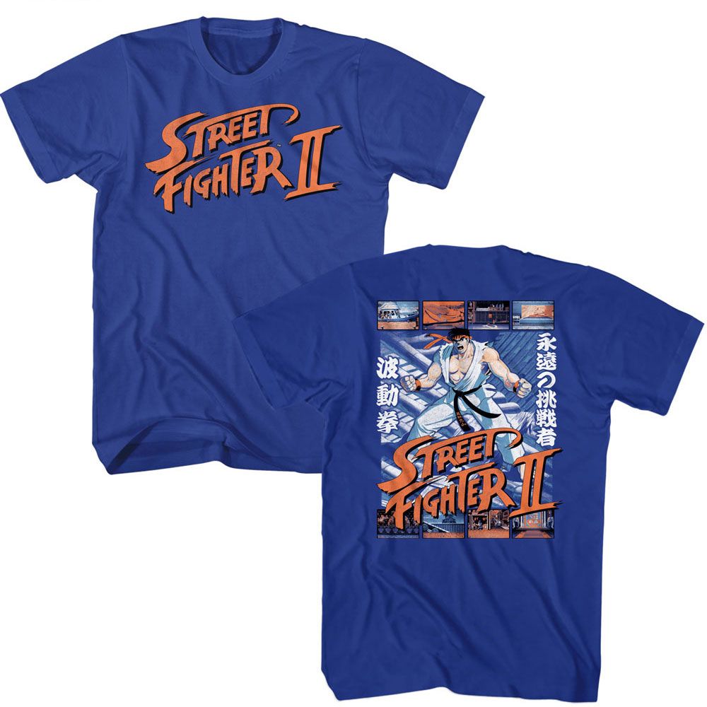 Street Fighter Ryu And Scenes 2-Sided Royal Solid Adult Short Sleeve T-Shirt