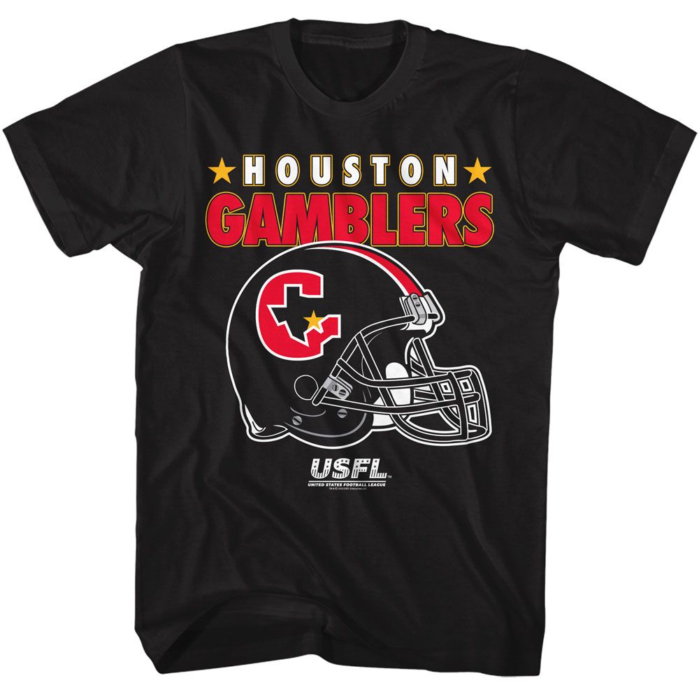 USFL Gamblers Helmet And Stars Black Solid Adult Short Sleeve T-Shirt