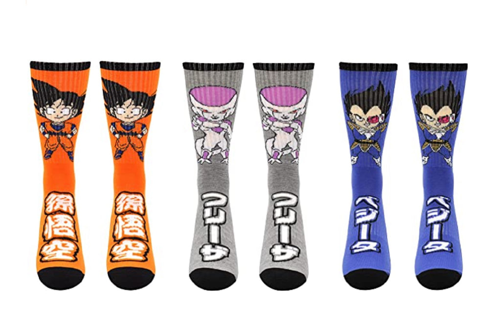 Dragon Ball Z Chibi Goku, Frieza, Vegeta Anime 3 Pack Crew Socks
