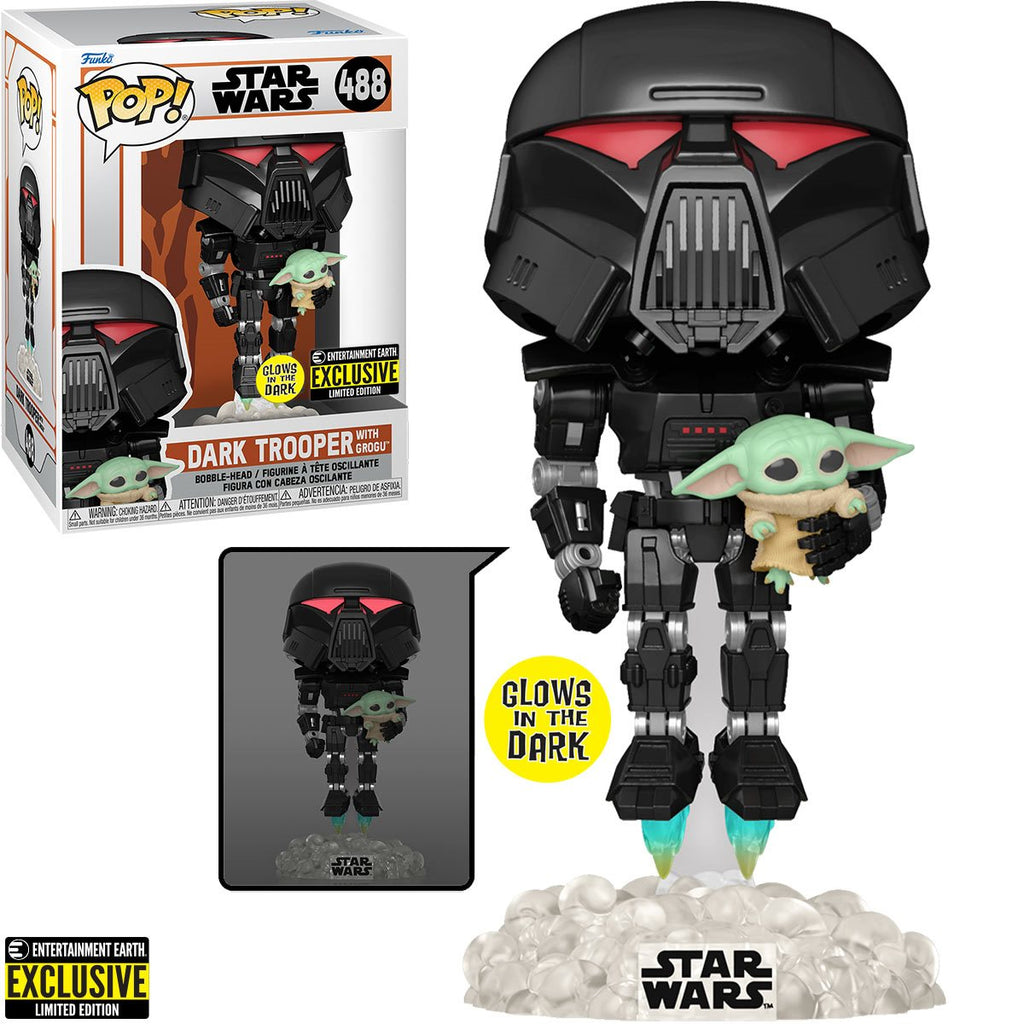 Funko Pop! Star Wars: The Mandalorian Dark Trooper with Grogu Glow-in-the-Dark Entertainment Earth Exclusive Vinyl Figure