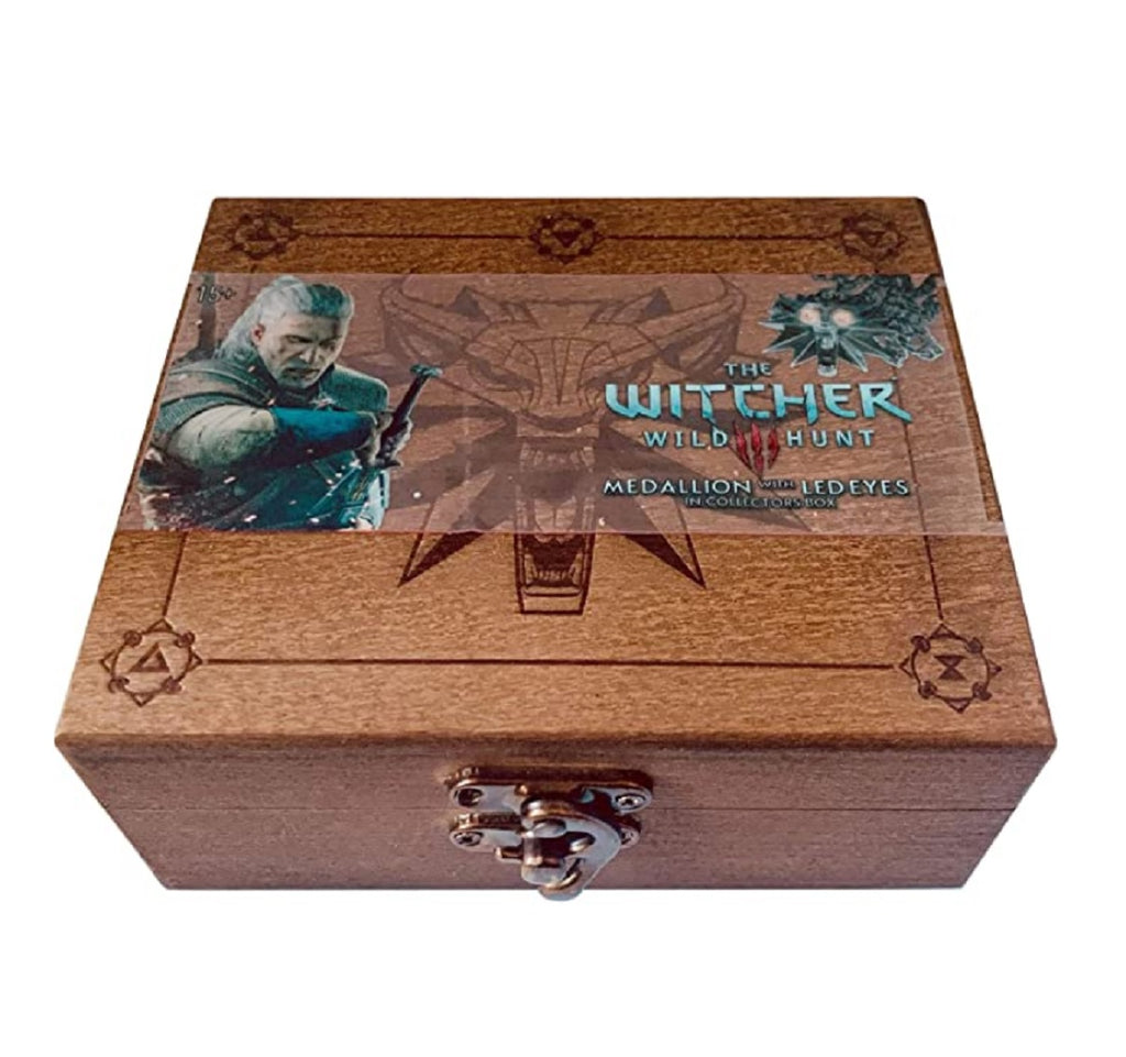 The Witcher 3 White Wolf Medallion Necklace With LED Eyes + Wooden Case