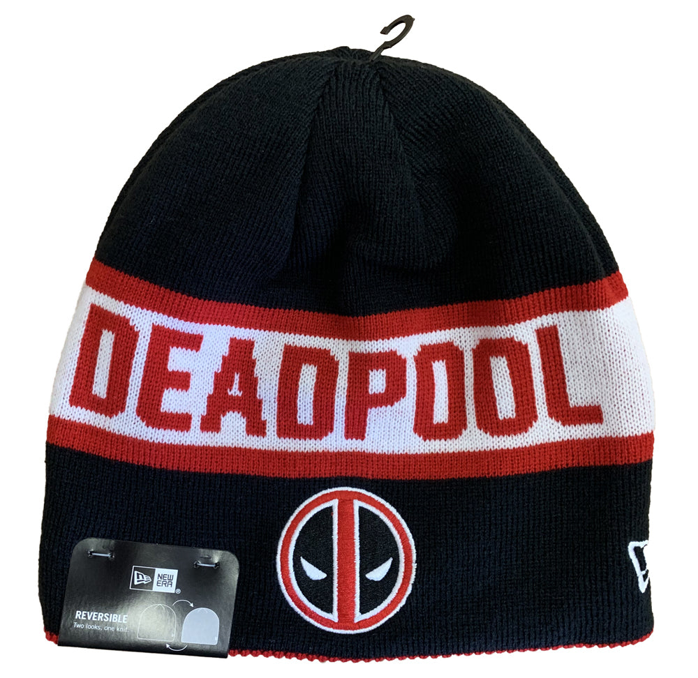 New Era Deadpool Logo And Text Marvel Comics Reversible Knit Beanie Hat