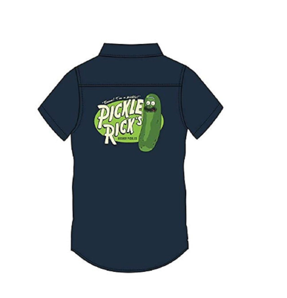 Rick and Morty Adult Unisex Pickle Rick Rick Label 100% Cotton Woven Button Down Shirt